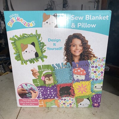 Squishmallows Pattern No-Sew Blanket & Pillow Tween DIY Craft Kit, Multicolor
