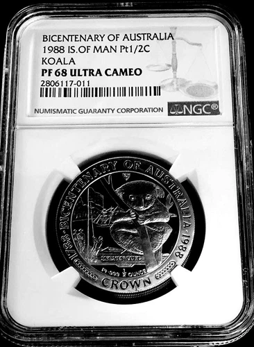 1988 PLATINUM ISLE OF MAN 1 CROWN BICENTENARY AUSTRALIA NGC PF 68 Uc