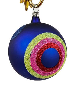 Italy Mica Glitter Blue Rainbow Stripe Circle Glass Ball Christmas Ornament 3.5