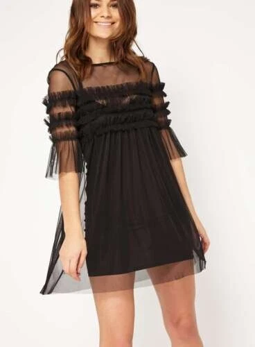 Miss Selfridge Black Petite Mesh Overlay Dress UK 8 SA7 DD 02