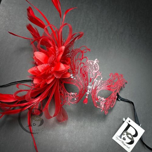Red Feather Masquerade Mask, Great Gatsby Dress, Red Masquerade Mask Flowers - Picture 1 of 3