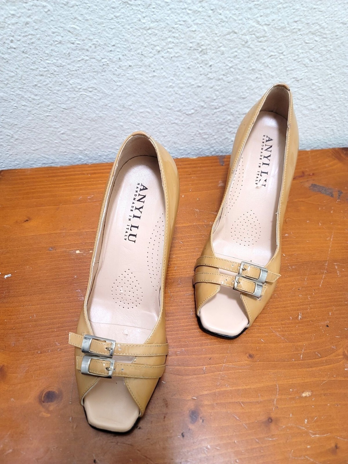 Anyilu Womens Peep Toe Leather Heels With Buckle Detail In Tan Size 36