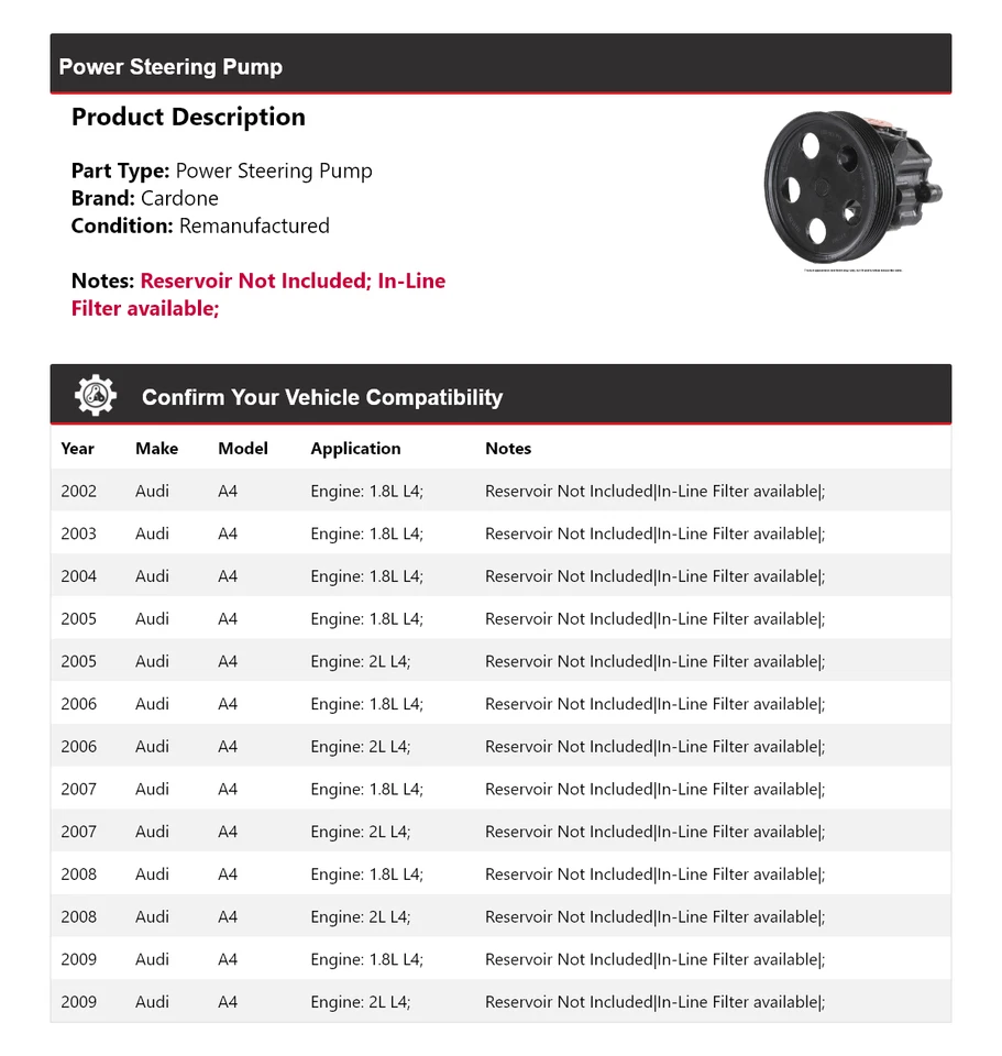 Bomba de dirección asistida Cardone para Audi A4 2002-2009 2003 2004 2005 2006 2007 2008 Foto 2 de 4