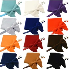 Men Oversized Pre-tied Velvet Bow Tie Pocket Square Cufflinks Set Bowtie Hanky