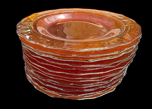 14 NORMANDIE BREAD PLATES IRIDESCENT MARIGOLD BOUQUET & LATTICE FEDERAL GLASS