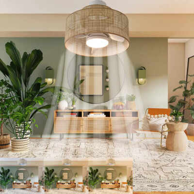 18W LED 21 Inch Dimmable Bamboo Rattan Chandelier with Fan & Remote Control