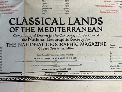 Geographic Magazine, Folded Paper Map, Classical Lands of The Mediterranean 1949