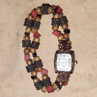 Collezio Quartz Women's Wristwatch Beaded Bracelet Brown Red Black Analog