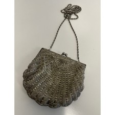 Vintage La Regale Silver Beaded Clam Shell Evening Bag Clutch Kiss Lock