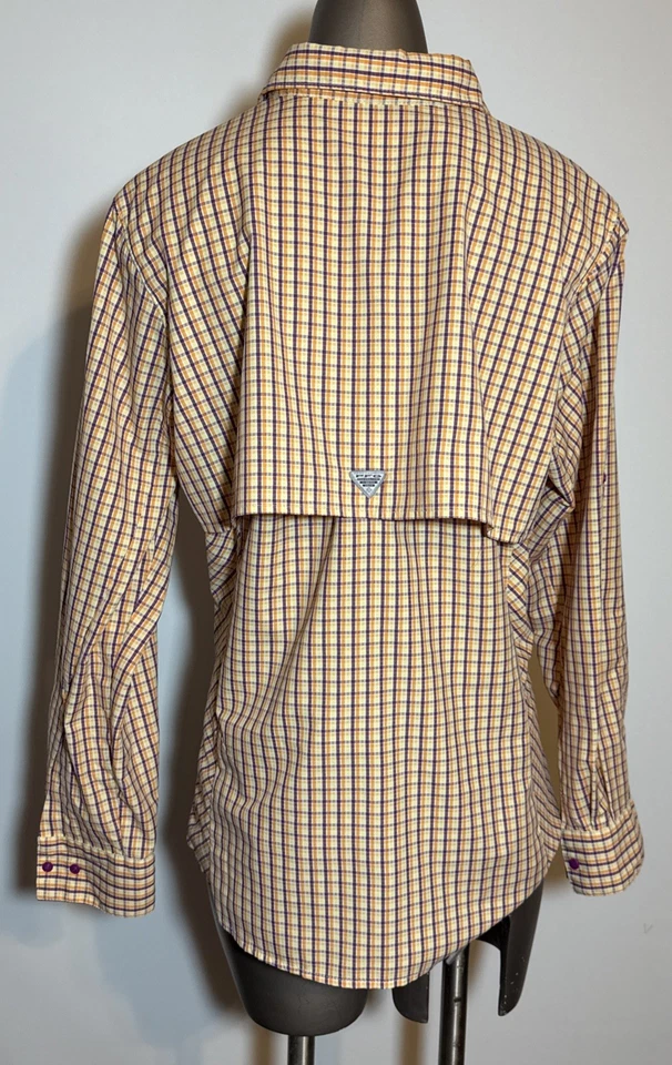 Camisa a Cuadros Columbia Super Tamiami PFG Omni Tono L Grande Púrpura Amarillo Pesca Foto 3 de 4