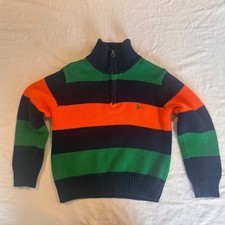 Polo Ralph Lauren Kid's Sz 4 Quarter Zip 100 Cotton Sweater: Navy Green Orange