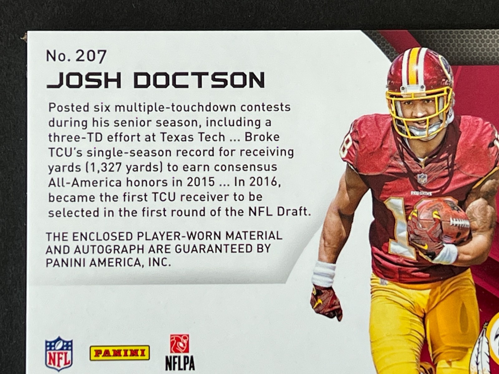 Josh Doctson 2016 Certified Freshman Fabrics Patch RC Auto #ed 123/299 view 7
