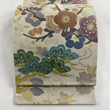 Obi FUKURO OBI Masterpiece Signed Pine, Chiku, and Plum Leaf Gold and Silver Thr
