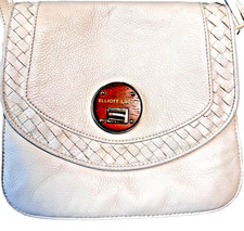 Elliott Lucca White Leather Woven Shoulder Bag Gold Medallion Boho Coastal Chic