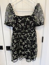 Lulus Radiant Love Black Embroidered Skater Dress Mini Small Floral