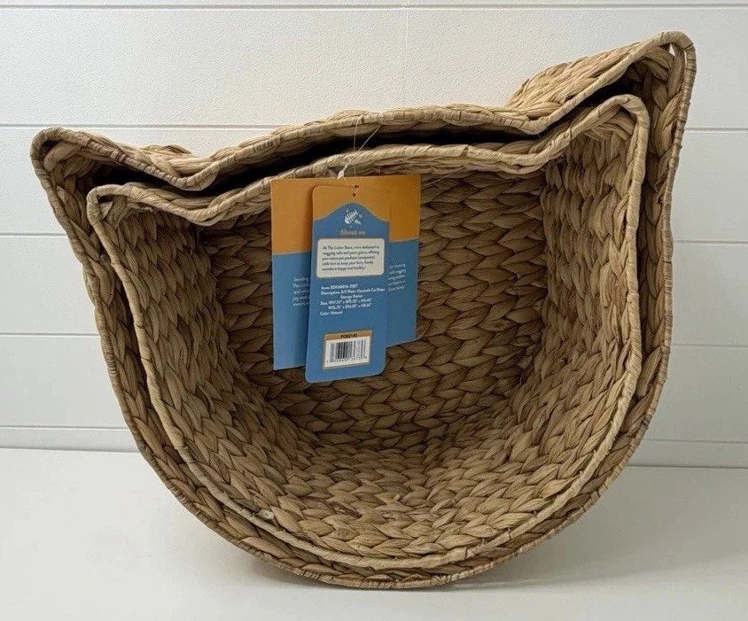 Cat Shaped Water Hyacinth Storage Baskets Set of 2 Natural Handwoven