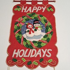 Vintage Bucilla 3603 Mr  Mrs Snowman Christmas Felt Embellished Wall Hanging