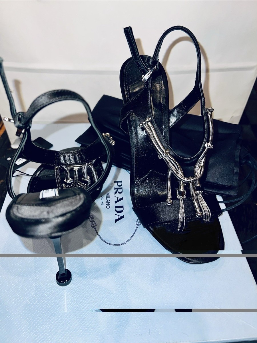 $1290 Prada Satin T-Strap Sandals Crystal silver metal chain-bead