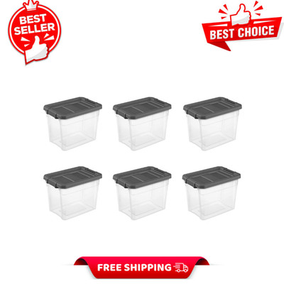 6pk Sterilite 30 Qt Stacker Box Clear Plastic Storage Bin w/ Latching Lid Gray