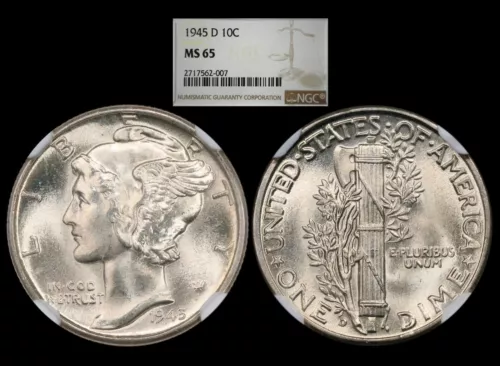 1945-D Mercury Dime graded NGC MS65....Pretty Gem!