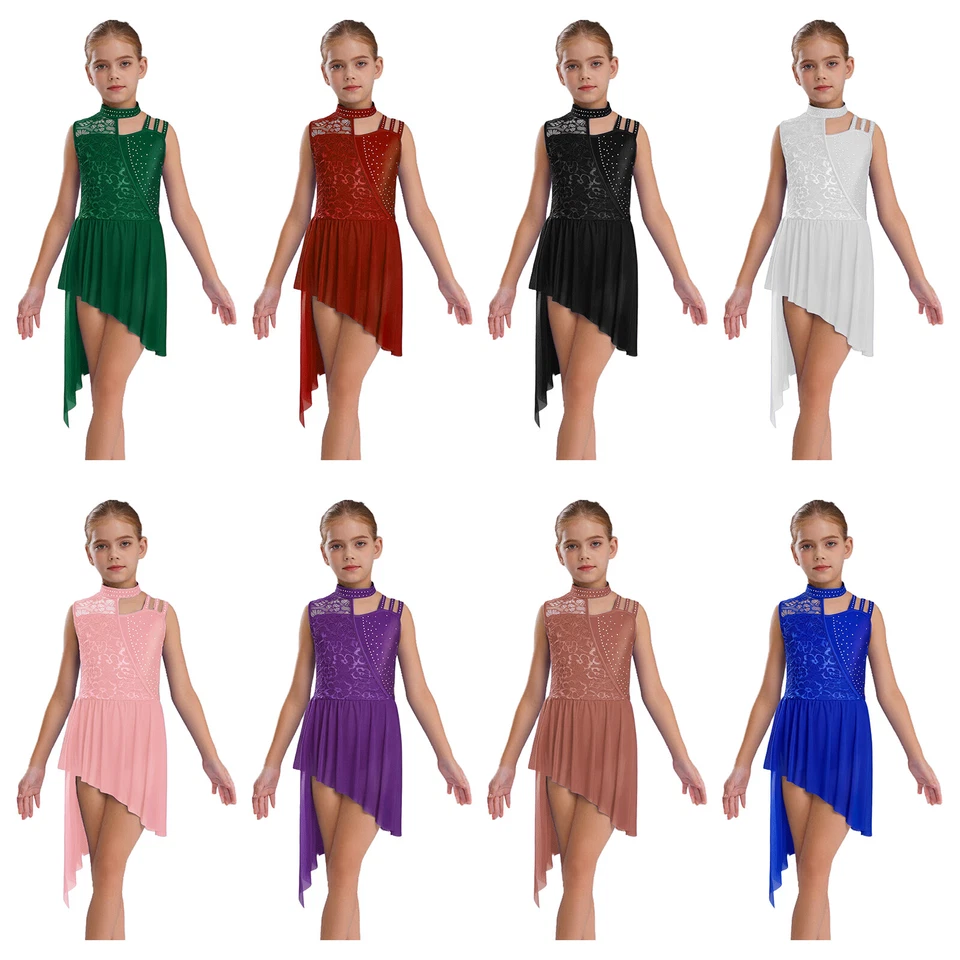 Kids Girls Dancewear Dance Leotard Floral Lace Dress Competition Mock Neck - Image 4 of 4