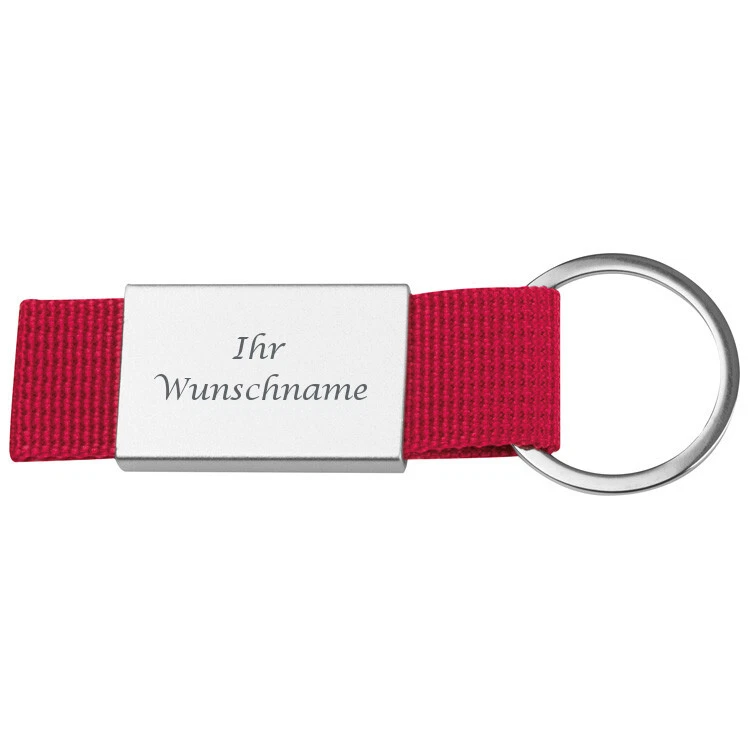 MACMA Schlüsselanhänger mit Gravur / mit roten Stoffbändchen