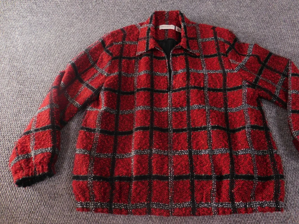 Alfred Dunner Jacket 14 Red Womens plaid zip Fuzzy designer - Image 3 of 4