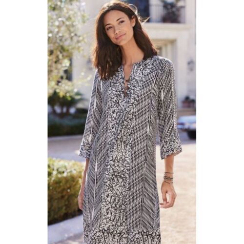 Soft Surroundings Raven Shift Dress Womens Med. Ecru Black 3/4 Sleeve Ikat Print