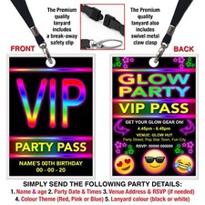 GLOW PARTY THEME LANYARD VIP PASS, Emoji, Birthday Invitation, Personalised