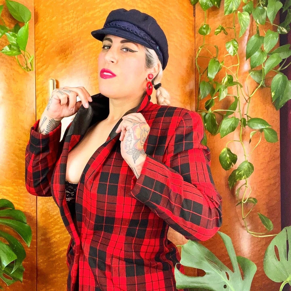 Blazer xadrez de lã vintage anos 90 TARTAN COURO PRETO E VERMELHO 40 B - Imagem 2 de 4