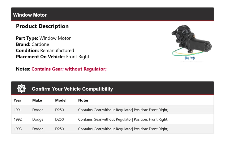 Para Dodge D250 1991-1993 Ventana Motor Delantero Derecho Cardone 1992 Foto 2 de 4