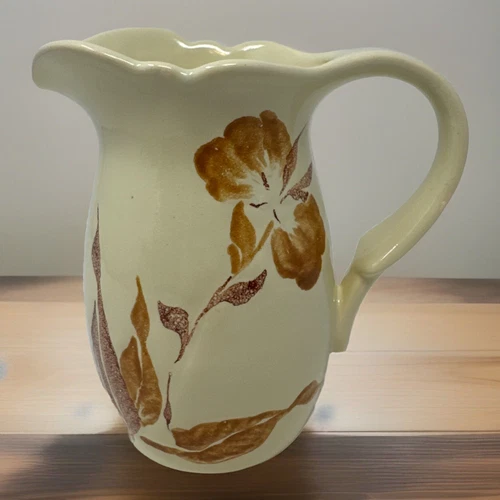Vintage Royal Haeger Pottery Creamy Yellow Brown Floral Pitcher. MCM