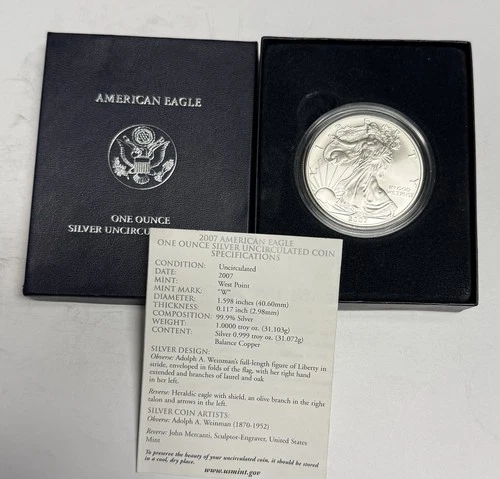 GEM BU 2007-W American Silver Eagle Dollar w/ Mint Box COA $1 U.S. .999 ASE 1 oz