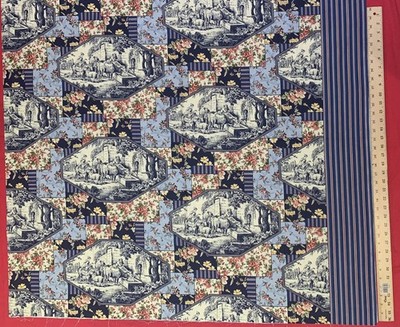 VTG Navy Blue Toile Floral Patchwork Cheater Cotton Quilting Fabric By the yard