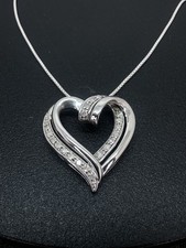 Sterling Silver Diamond Necklace Natural White Large Heart Sign Pendant 18  