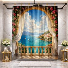 Mediterranean Coastal Scene Polyester Bath Shower Curtain 72x72 Decor
