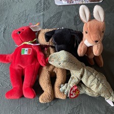 Lot Of 5 Ty Beanie Babies, Osito, Curly, Luke, Scaly  Pouch