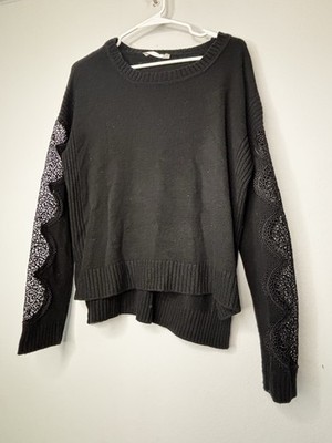 RD style Black Knit Pullover Sweater Lace Accent Crew Neck Long Sleeve L Women