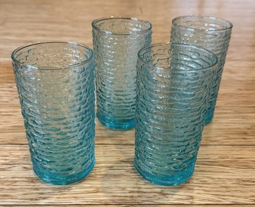 Vtg 10 Oz Anchor Hocking Soreno Aquamarine Teal Blue Glasses Tumblers Set Of 4