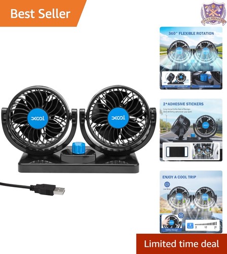 USB Car Fan Portable Cooling Dual Head 360° Rotatable 2 Speed for Vehicles