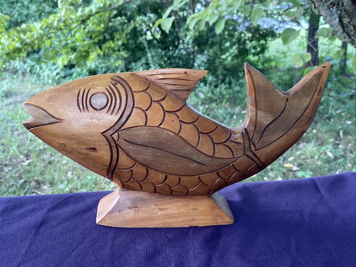 木彫り　鯉　carp fish レトロアンティーク　置物 Vintage KOI FISH Carved Teakwood CARP Ocean Fish Nautical Wood