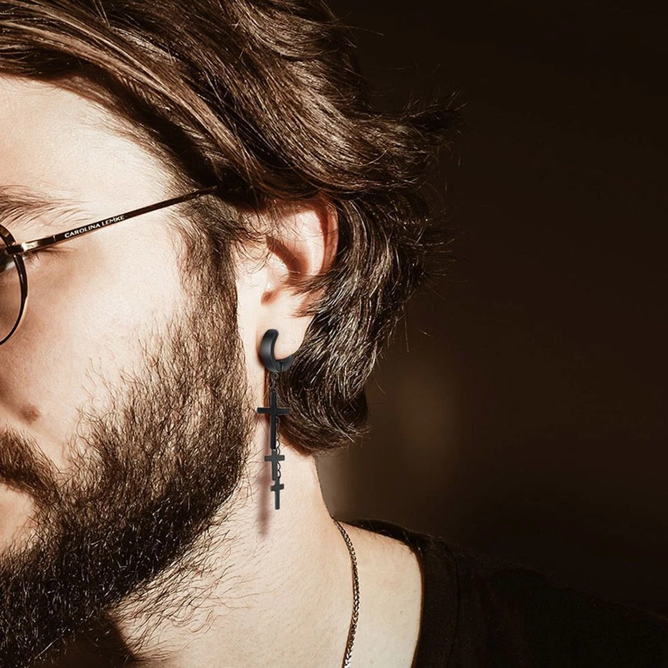 Pendientes de acero inoxidable color negro para hombre joyería de moda punk rock clip pendiente Foto 3 de 4