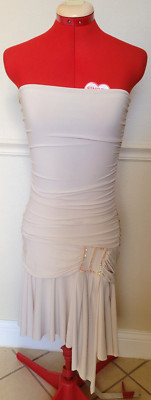 Mikino White/Beige Sequin Strapless Bodycon Sheer Asymmetric Tube Formal Dress S