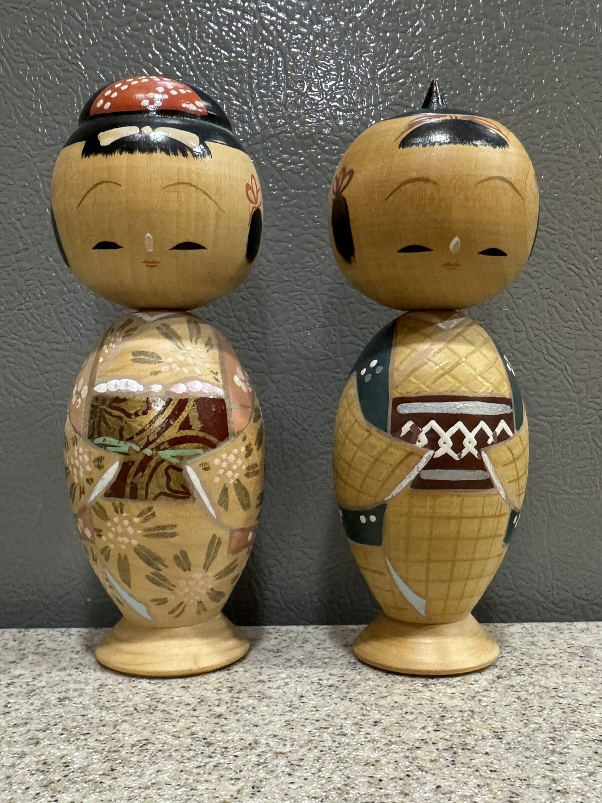 2 Vintage Hand Painted Wooden Japanese Kokeshi Dolls Bobble Head Made In Japan