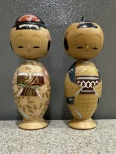 2 Vintage Hand Painted Wooden Japanese Kokeshi Dolls Bobble Head Made In Japan