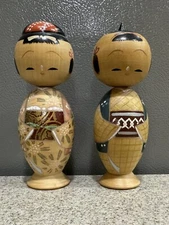 2 Vintage Hand Painted Wooden Japanese Kokeshi Dolls Bobble Head Made In Japan