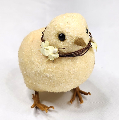 Sugared Yellow Chick Figurine with Flower Necklace 2.75'' Tall Lightweight