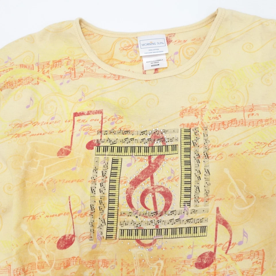 Top para mujer My Morning Sun mediano amarillo estampado musical algodón manga larga pulóver Foto 2 de 4