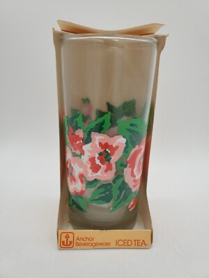 Vintage 16oz Iced Tea Glass Tumbler Anchor Hocking Beverageware Red Flowers NEW