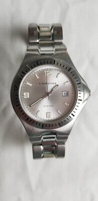 VINTAGE Chrome Azzaro Watch Mens Pearl White Dial Stainless Band